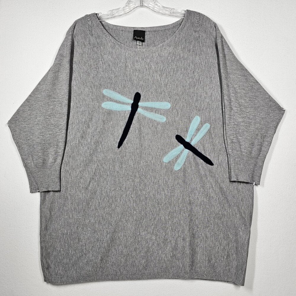 Aaeda Gray Dragonfly Dolman Sleeve Round Neck Sweater 1X Soft Cozy Oversize